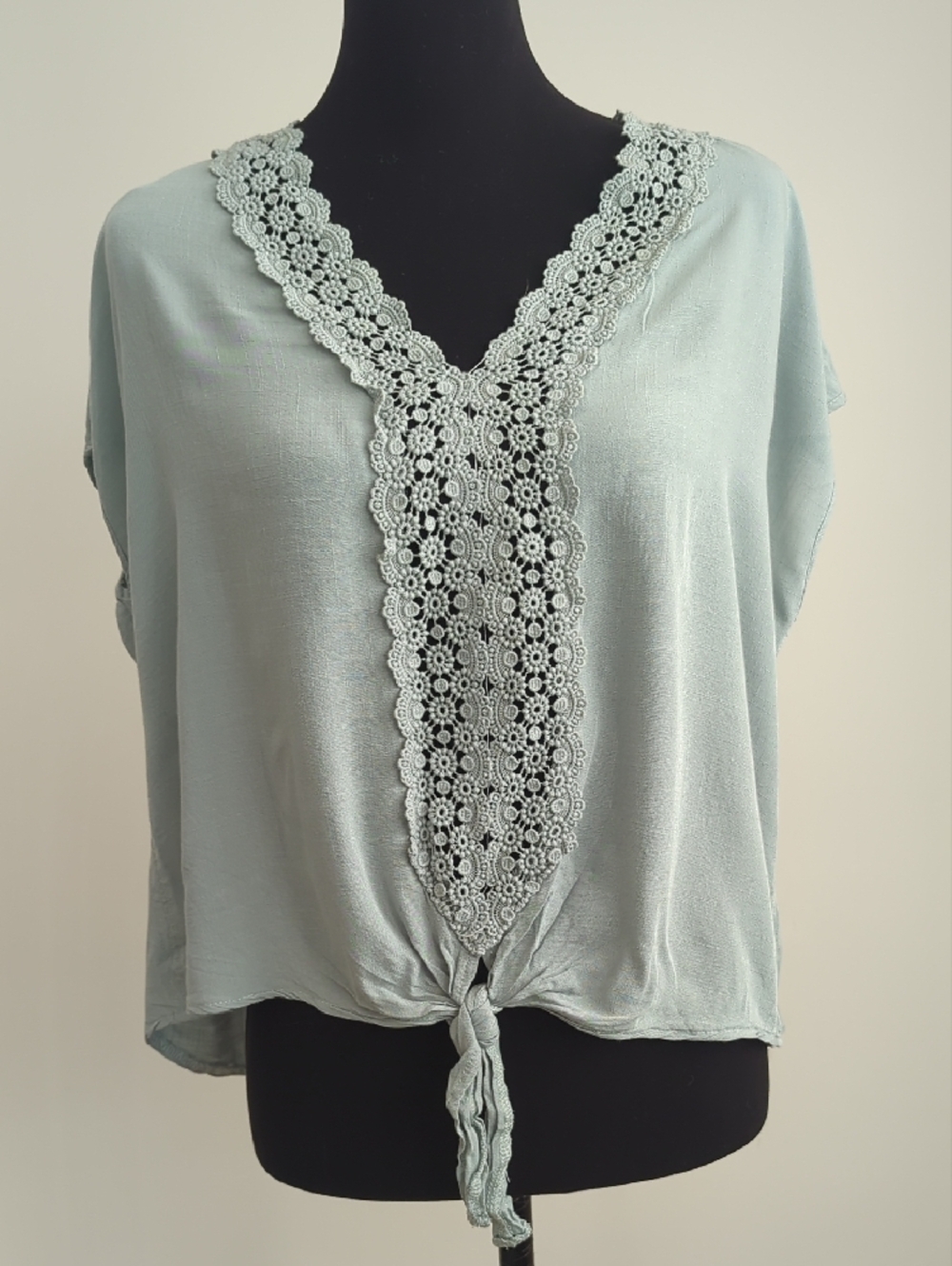 Allie Rose Boho Lace Trim Tie Front V-Neck Blouse Mint Sage Blue Green